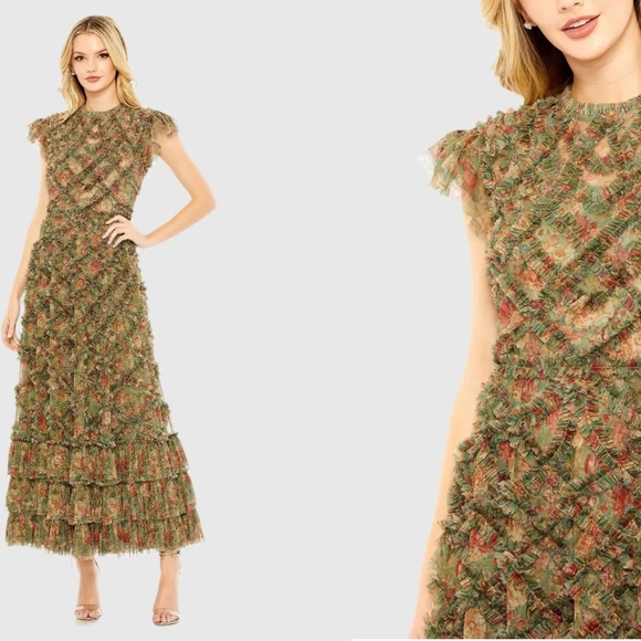 Mac Duggal 8009 High Neck Ruffle Cap Sleeve Floral Dress Size 10 Green - Picture 1 of 12